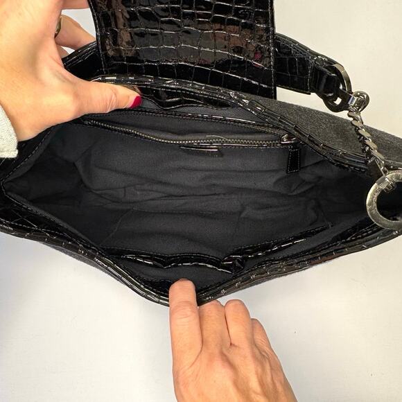 Worth Flannel & Patent Leather Shoulder Bag | Gray Black | Y2K Crescent Purse - Picture 4 of 10